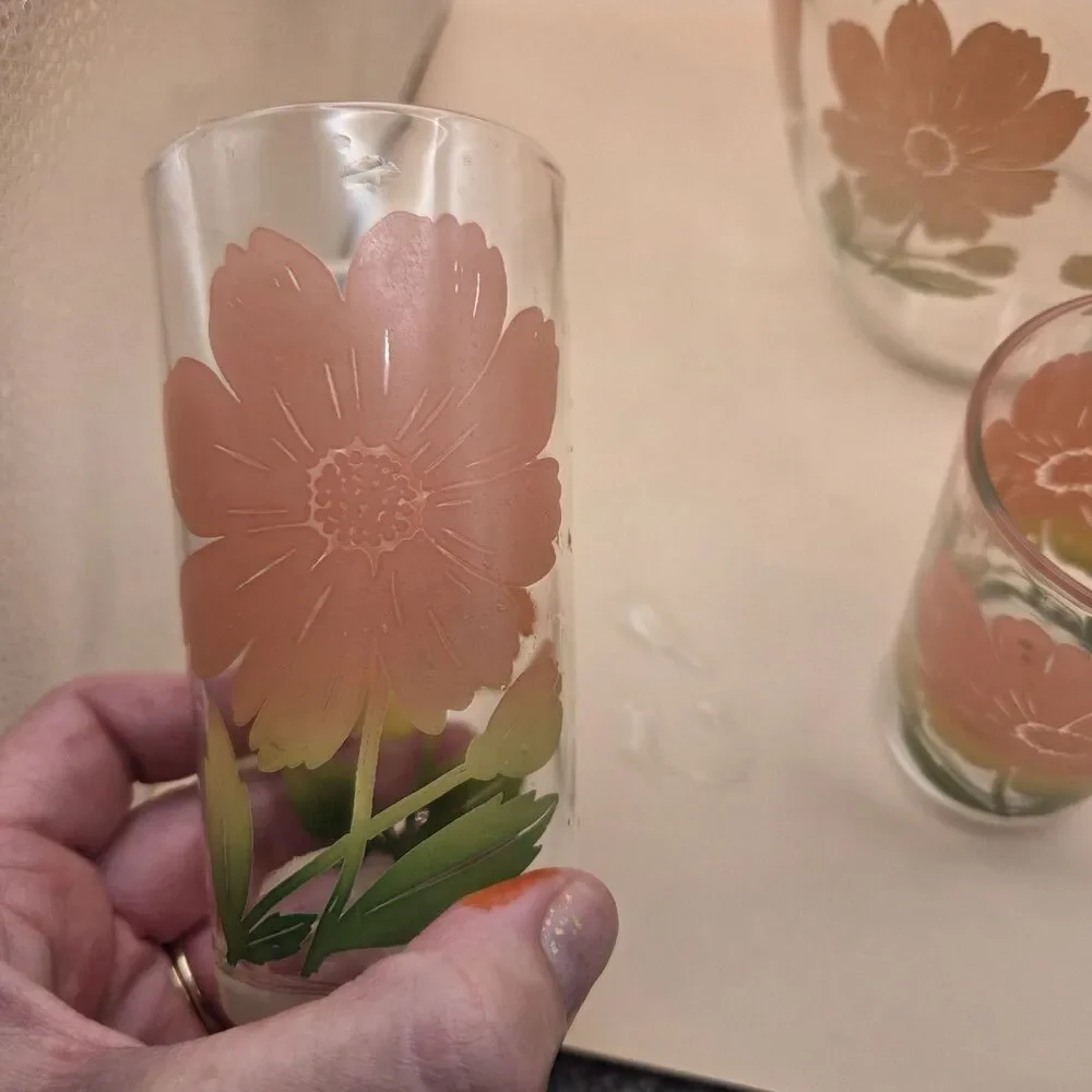 Clear Glass 1 Qt Pitcher & 3 Tumblers 4pc Set Orange Green Floral MCM Decor